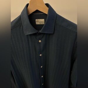 Jack Victor Spread Collar Dress Shirt Herringbone Stripe Cashmere/Cotton Blue L
